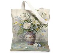 Borsa tote in tela da donna, romantica, floreale, peonia, primaverile, bianca, lavabile, riutilizzabile, estetica, ideale per viaggi, attività all'aperto, giornata lavorativa, lettura, 33 x 38 cm