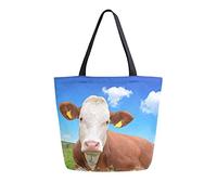 Borsa tote in tela da donna, simpatica mucca nel prato Borsa a tracolla grande casual Borsa per la spesa Borse per la spesa