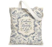 Borsa tote in tela da donna, vintage, floreale, libellula, primavera, blu, lavabile, riutilizzabile, idea per viaggi, attività all'aperto, giornata lavorativa, lettura, 33 x 38 cm