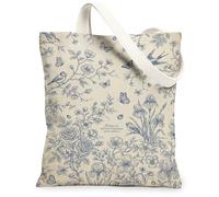 Borsa tote in tela da donna, vintage, floreale, uccelli, farfalle, primavera, blu, lavabile, riutilizzabile, per tutti i giorni, idee per familiari, amici, colleghi, lettura, amori, 33 x 38 cm