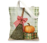 Borsa tote in tela da raccolto, design rustico con zucca e scopa, borsa per la spesa riutilizzabile, in stile fattoria, leggera, lavabile, per generi alimentari, viaggi, spiaggia, 33 x 38 cm