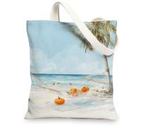 Borsa tote in tela da spiaggia, design con palma tropicale e zucca, borsa per la spesa riutilizzabile, alla moda leggera e lavabile, Blu, 13x15 Inch