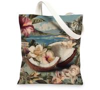 Borsa tote in tela di cocco tropicale, borse della spesa riutilizzabili, borse a tracolla leggere e floreali, beige, 13x15 Inch