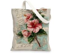 Borsa tote in tela di ibisco, borse della spesa riutilizzabili vintage, borse della spesa in lino leggero con tracolla floreale 33 x 38 cm