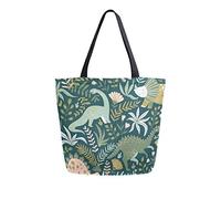 Borsa tote in tela Dinosauri e foglie tropicali casual per lo shopping viaggio riutilizzabili
