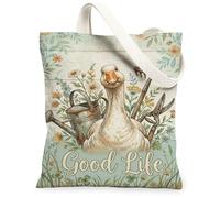 Borsa tote in tela d'oca da donna, rustica, fantasiosa, annaffiatoio con fiori primaverili, blu pastello, lavabile, riutilizzabile, per tutti i giorni, idea per viaggi, giornata lavorativa e lettura