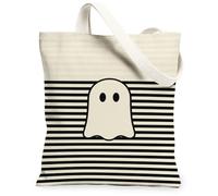 Borsa tote in tela fantasma da donna, fantasiosa e giocosa a righe con occhi di Halloween, nera, lavabile, riutilizzabile, per tutti i giorni, idea per familiari, amici, colleghi, lettura di amori, 33