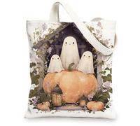 Borsa tote in tela fantasma, design carino zucca di Halloween, borse della spesa riutilizzabili, fantasia vintage leggera e lavabile, bianco, 13x15 Inch