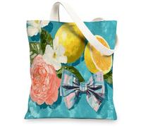 Borsa tote in tela floreale, con motivo floreale e fiocco, riutilizzabile, elegante, leggera, lavabile, per viaggi, spiaggia, 33 x 38 cm