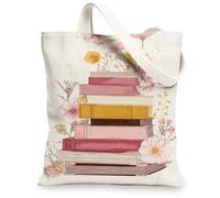 Borsa tote in tela floreale, design artistico a pila di libri, borse della spesa riutilizzabili, leggere e lavabili, con tracolla per palestra, viaggi, spiaggia, picnic, 33 x 38 cm
