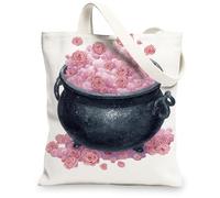 Borsa tote in tela floreale, design magico calderone, borsa per la spesa riutilizzabile, vintage chic, leggera, lavabile, tracolla in tela per palestra, viaggi, spiaggia, picnic, 33 x 38 cm