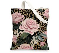 Borsa tote in tela floreale, elegante stampa leopardata rosa e leopardo, borse per la spesa riutilizzabili, eleganti borse a tracolla leggere lavabili per, nero, 13x15 Inch