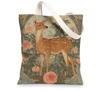 Borsa tote in tela floreale, motivo cervo, riutilizzabile, vintage, botanica, leggera, lavabile, per palestra, viaggi, spiaggia, picnic, 33 x 38 cm
