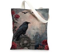 Borsa tote in tela gotica, motivo corvo e rose, borsa per la spesa riutilizzabile, vintage, arte scura, leggera, lavabile, borsa in tela per viaggi, spiaggia, picnic, 33 x 38 cm