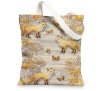 Borsa tote in tela ispirata alla natura, motivo volpe e farfalla, borsa per la spesa riutilizzabile, leggera e lavabile, borsa in tela per palestra, viaggi, spiaggia, picnic, 33 x 38 cm