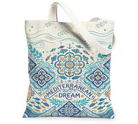 Borsa tote in tela mediterranea da donna, stile bohémien, artistica, con ancore floreali estive, lavabile, riutilizzabile, idea per shopping, viaggi, ufficio, biblioteca, casual, 33 x 38 cm