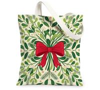 Borsa tote in tela natalizia a tema invernale con vischio e fiocco rosso | Fiocco di nastro rosso, accenti di stelle dorate, stampa invernale botanica, design simmetrico con fogliame, sfondo crema