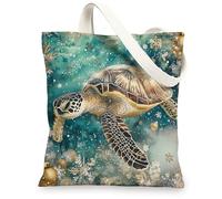 Borsa tote in tela natalizia con tartaruga marina per lo shopping, 33 x 38 cm, palline di fiocchi di neve di lusso, riutilizzabile, borsa della spesa per donne, marinara, lavoro, viaggi, pittura
