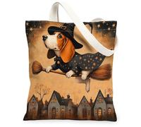 Borsa tote in tela per cani, da donna, con cappello da strega fantasioso di Halloween, scopa, Halloween, arancione, lavabile, riutilizzabile, piccola borsa tote per shopping, brunch parco, biblioteca