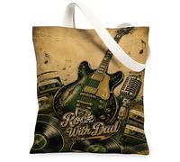 Borsa tote in tela per chitarra da donna, vintage, con microfono rock e dischi in vinile, per la festa del papà, lavabile, riutilizzabile, idea per shopping, viaggi, ufficio, biblioteca, casual, 33 x