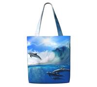Borsa tote in tela per donna, borse a tracolla capienti, borse tote riutilizzabili per la spesa, quattro delfini nel mare delle balene