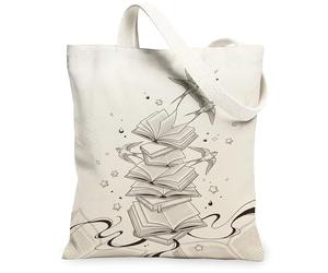 Borsa tote in tela per donne, artistica, fantasiosa, uccelli, stelle, beige, lavabile, riutilizzabile, piccola borsa tote per shopping, brunch parco, biblioteca, gite di un giorno, 33 x 38 cm