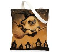 Borsa tote in tela per donne, cappello da strega fantasioso per Halloween, cane, Halloween, arancione, lavabile, riutilizzabile, borsa della spesa idea per viaggi all'aperto, giornata lavorativa