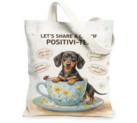 Borsa tote in tela per donne, fantasiosa gioiosa bassotto fiori nessuno blu lavabile riutilizzabile borsa della spesa idee per viaggi all'aperto giornata lavorativa lettura 33 x 38 cm