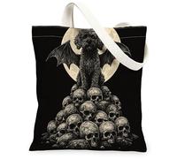 Borsa tote in tela per donne, Halloween, gotico, teschi, ali, Halloween, nera, lavabile, riutilizzabile, per tutti i giorni, idea per viaggi, giornata lavorativa, lettura, 33 x 38 cm