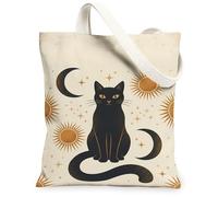 Borsa tote in tela per donne, Halloween, luna mistica, sole, Halloween, nera, lavabile, riutilizzabile, estetica, idea per familiari, amici, colleghi, lettura di amori, 33 x 38 cm