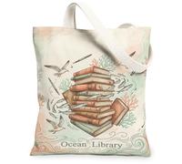 Borsa tote in tela per donne, oceano, fantasioso, pesce, uccelli, estate, acquatico, blu, lavabile, riutilizzabile, estetica, borsa tote idea per viaggi, lavoro, shopping, libreria, 33 x 38 cm