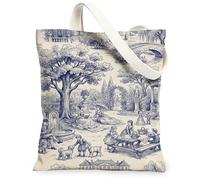 Borsa tote in tela per donne, vintage, romantica, per donne e bambini, primavera blu, lavabile, riutilizzabile, ideale per shopping, viaggi, ufficio, biblioteca, casual, 33 x 38 cm