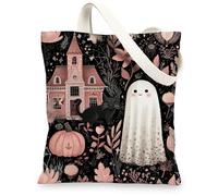 Borsa tote in tela per Halloween, con simpatico fantasma e gatto, borsa per la spesa riutilizzabile, stile vintage, leggera, lavabile, per dolcetto o scherzetto e uso quotidiano, 33 x 38 cm