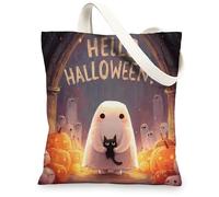 Borsa tote in tela per Halloween, design con simpatico fantasma gatto, borsa per la spesa riutilizzabile, fantasiosa festiva, leggera, lavabile, tracolla in tela per dolcetto o scherzetto, 33 x 38 cm