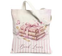 Borsa tote in tela per libri da donna, romantica, fantasiosa, farfalla, nastro, primavera, pesca, lavabile, riutilizzabile, estetica, idea per shopping, viaggi, ufficio, biblioteca, casual, 33 x 38 cm