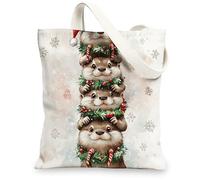 Borsa tote in tela per lo shopping, 33 x 38 cm, motivo natalizio ad acquerello, agrifogli, riutilizzabile, per donne, lavoro con animali, decorazione regalo