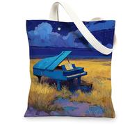 Borsa tote in tela per pianoforte, borse della spesa riutilizzabili artistiche, borse a tracolla blu leggere naturali 33 x 38 cm