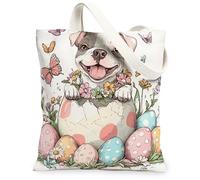 Borsa tote in tela per shopping con cane boxer pasquale primaverile, 33 x 38 cm, divertente e carino, con stampa di uova carine, borsa riutilizzabile per donne, stampa di fiori, spiaggia, pittura