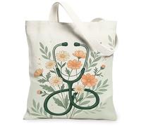 Borsa tote in tela per stetoscopio, da donna, motivo floreale con crisantemo, verde primavera, lavabile, riutilizzabile, idea per familiari, amici, colleghi, lettura di amori, 33 x 38 cm