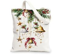 Borsa tote in tela per vacanze, design natalizio con campana e stella, borsa per la spesa riutilizzabile, leggera e lavabile, tracolla in tela per regali, viaggi, spiaggia, 33 x 38 cm