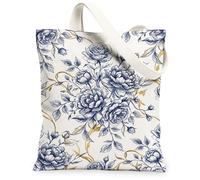 Borsa tote in tela rosa da donna, floreale, elegante, con boccioli di foglie, primaverile, blu navy, lavabile, riutilizzabile, per tutti i giorni, idea per familiari, amici, colleghi, lettura e amore