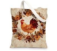 Borsa tote in tela rustica, con motivo floreale e pollo vintage, borsa per la spesa riutilizzabile, elegante leggera e lavabile, borsa a tracolla per la spesa, viaggi, picnic, 33 x 38 cm