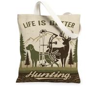 Borsa tote in tela rustica con scritta "Archery Hunter Compound Bow", 33 x | Tema appassionato di tiro con l'arco, paesaggio selvaggio di montagna, grafica rustica della fauna selvatica