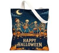 Borsa tote in tela scheletrata, con zucche giocose festive, luna, Halloween, nera, per tutti i giorni, 33 x 38 cm, nero, 13x15 Inch