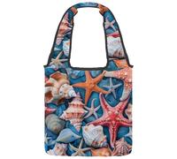 Borsa tote in tela senza cuciture con motivo oceano corallo mare stella conchiglie oceano per donne, borsa riutilizzabile in tessuto per la spesa con manico largo, Multicolore 01, 14.1x14.9in/36x38cm