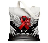Borsa tote in tela simbolica con supporto per la consapevolezza dell'HIV | Nastro rosso per la consapevolezza, ali d'angelo bianche, motivo farfalla, tema promozione, messaggio di supporto