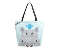 Borsa tote in tela Simpatico cartone animato Testa di ippopotamo con borsa per il trasporto di uccellini Borsa a tracolla casual per lo shopping Borsa da viaggio Borse per la spesa riutilizzabili
