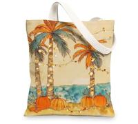 Borsa tote in tela tropicale, motivo vintage zucca e palma, borse per la spesa riutilizzabili, leggere e lavabili, per spiaggia, viaggi, picnic, 33 x 38 cm