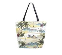 Borsa tote in tela vintage con palme sulla spiaggia, isola dell'oceano, borsa a tracolla casual da donna, grande borsa della spesa riutilizzabile