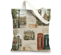 Borsa tote in tela vintage, motivo artistico paesaggio urbano, borse della spesa riutilizzabili, leggere e lavabili, con tracolla per palestra, viaggi, spiaggia, picnic, 33 x 38 cm